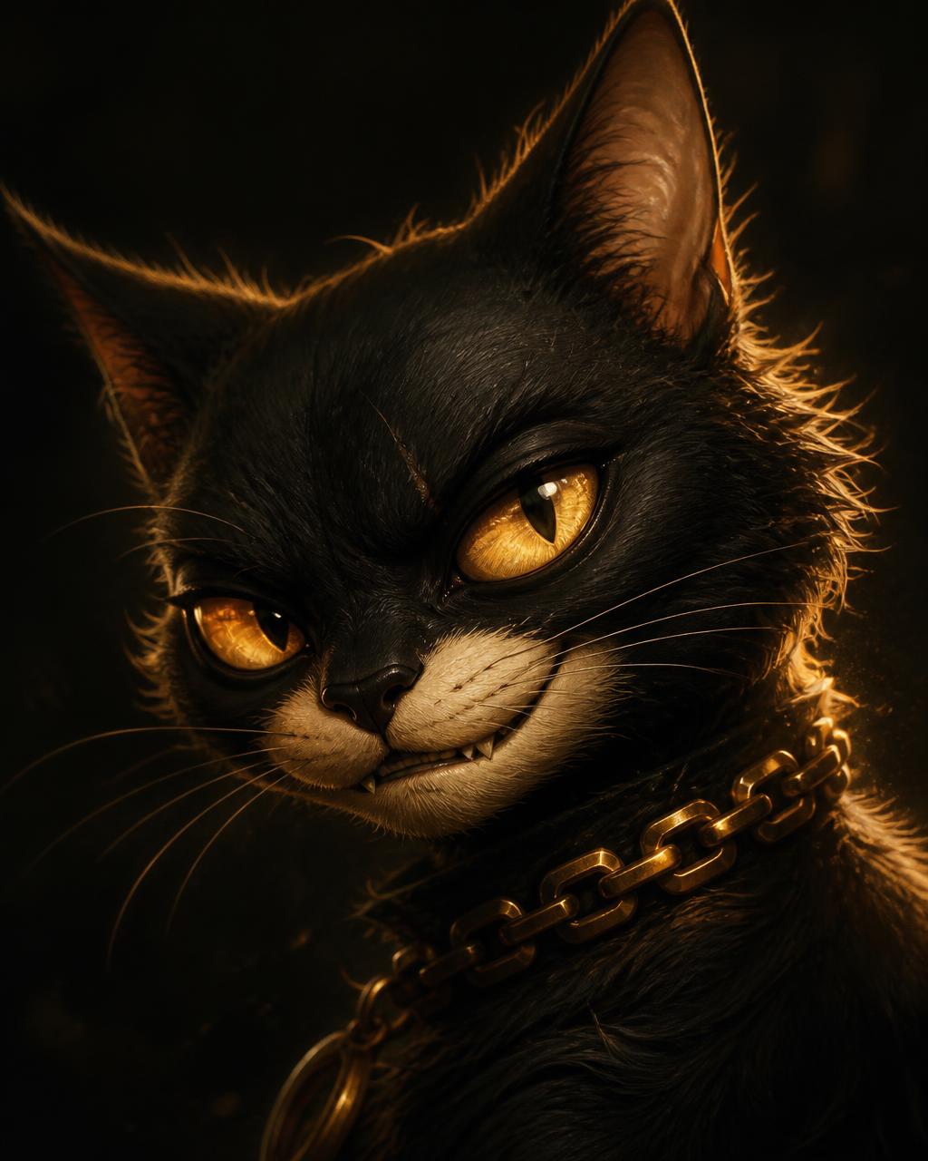 Close cinematic portrait of Bhukha Billa, a black cat with glowing orange eyes